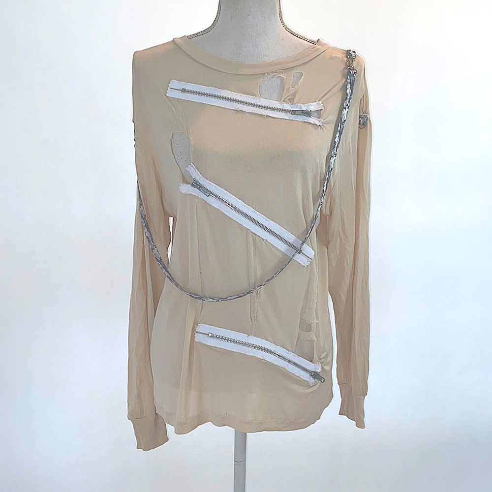 Cream distressed silk bondage zipper punk straight jacket top